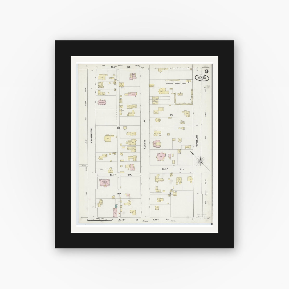 Old map wall art mockup — black gallery frame with white mat — Sanborn Fire Insurance Map from Waco, McLennan County, Texas (1889), Sheet #0009