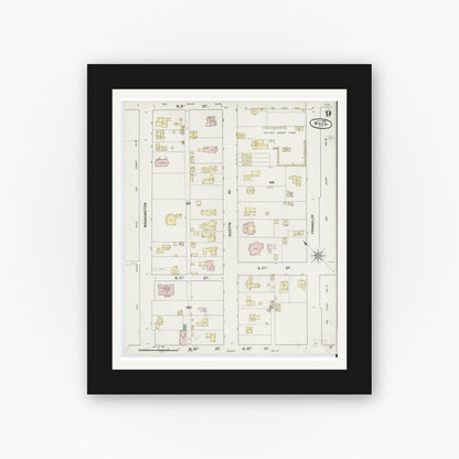 Old map wall art mockup — black gallery frame with white mat — Sanborn Fire Insurance Map from Waco, McLennan County, Texas (1889), Sheet #0009