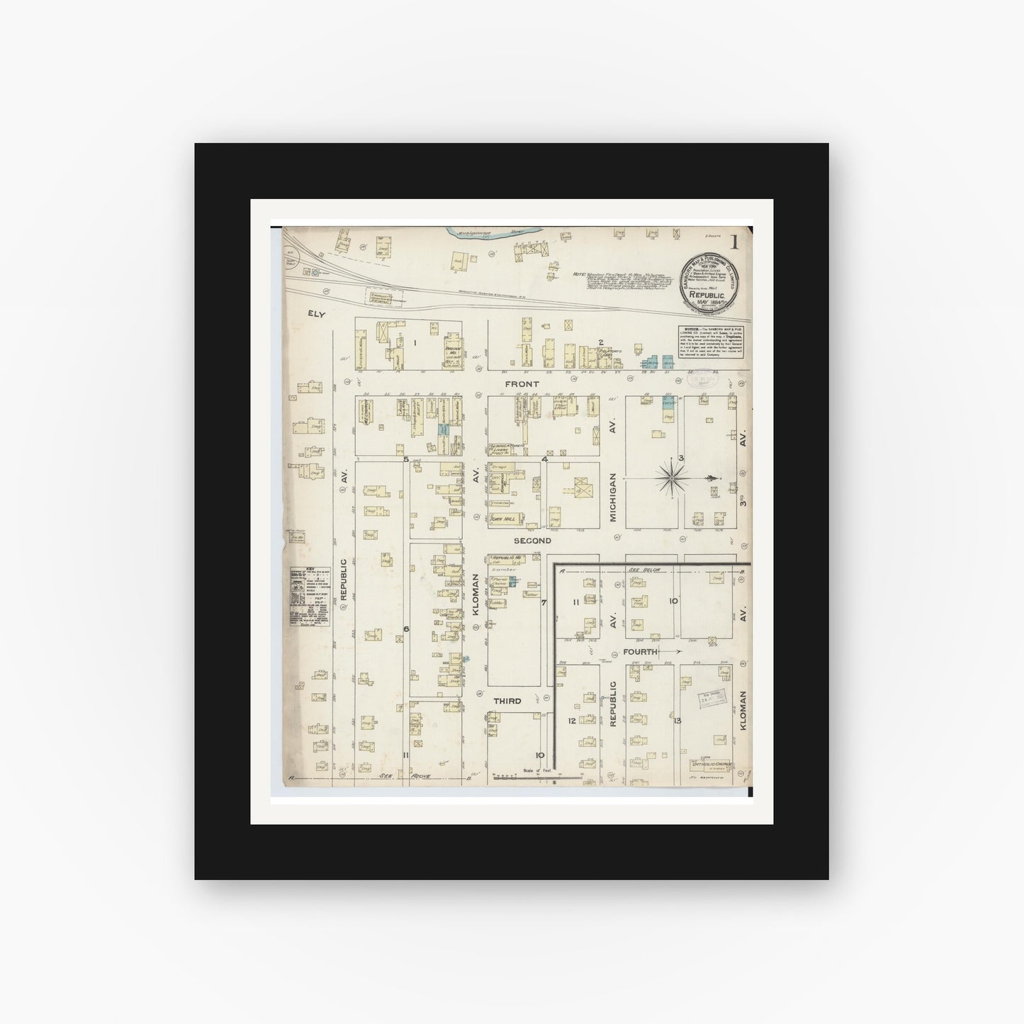 Old map wall art mockup — black gallery frame with white mat — Sanborn Fire Insurance Map from Republic, Marquette County, Michigan (1884), Sheet #0001