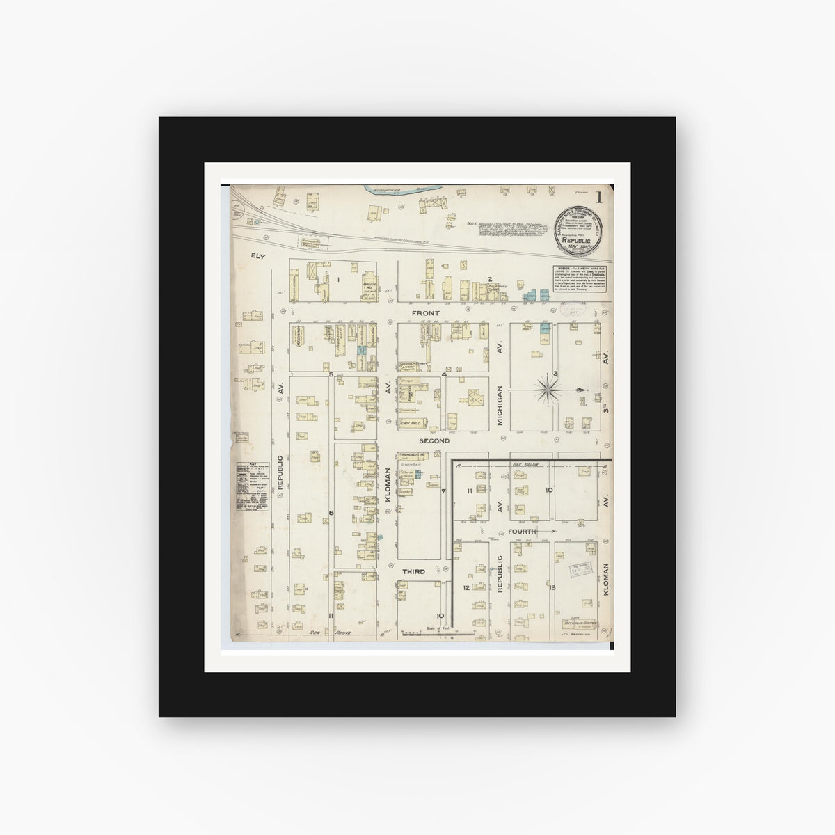 Old map wall art mockup — black gallery frame with white mat — Sanborn Fire Insurance Map from Republic, Marquette County, Michigan (1884), Sheet #0001