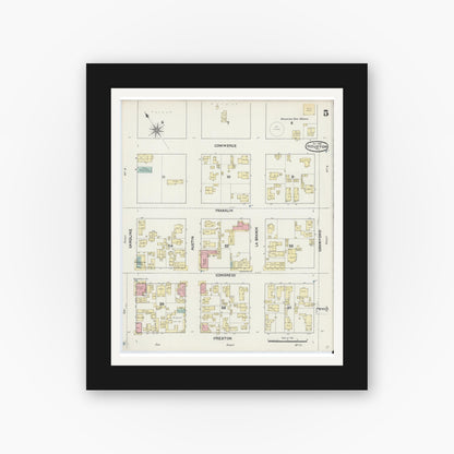 Old map wall art mockup — black gallery frame with white mat — Sanborn Fire Insurance Map from Houston, Harris County, Texas (1890), Sheet #0005
