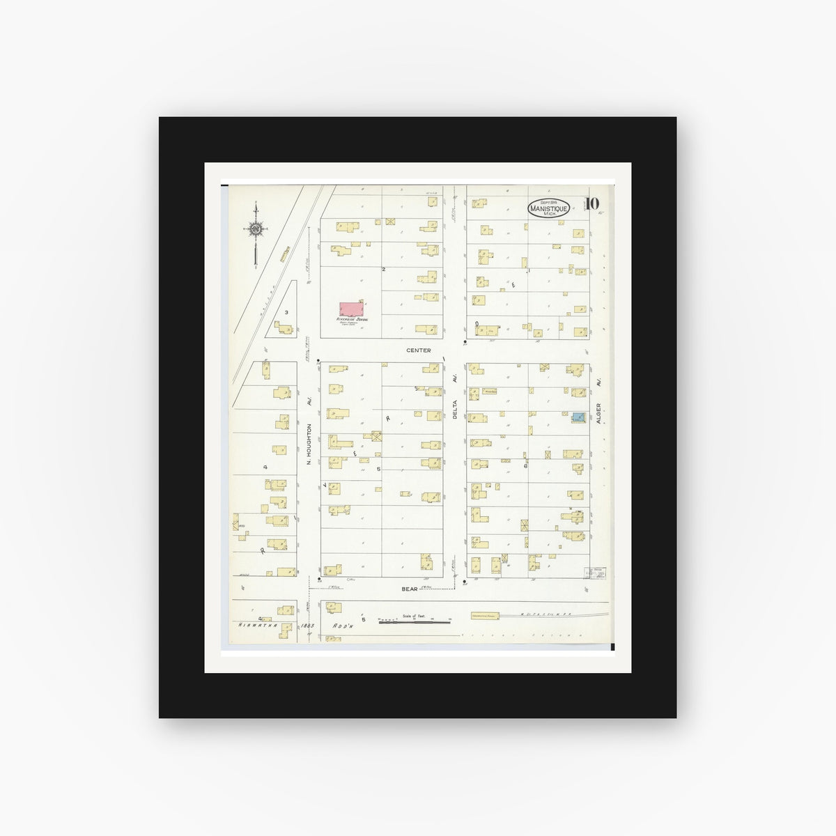 Old map wall art mockup — black gallery frame with white mat — Sanborn Fire Insurance Map from Manistique, Schoolcraft County, Michigan (1914), Sheet #0010