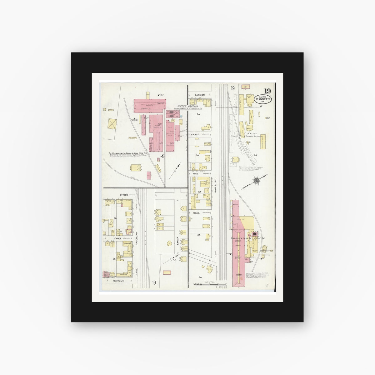 Old map wall art mockup — black gallery frame with white mat — Sanborn Fire Insurance Map from Jeannette, Westmoreland County, Pennsylvania (1910), Sheet #0019