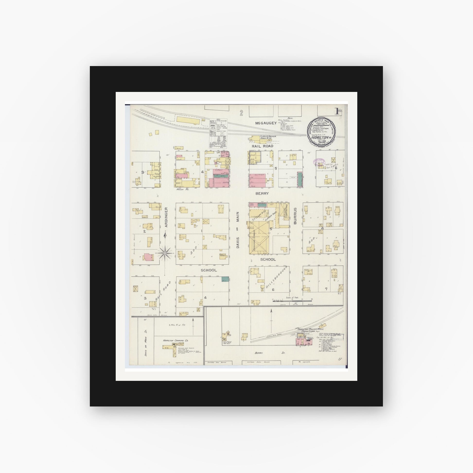 Old map wall art mockup — black gallery frame with white mat — Sanborn Fire Insurance Map from Hamilton, Caldwell County, Missouri (1893), Sheet #0001
