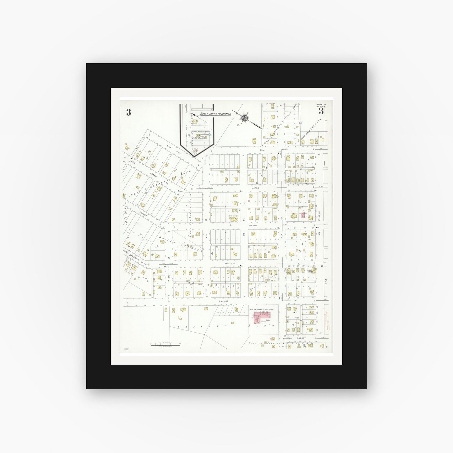 Old map wall art mockup — black gallery frame with white mat — Sanborn Fire Insurance Map from Anita, Cass County, Iowa (1938), Sheet #0003