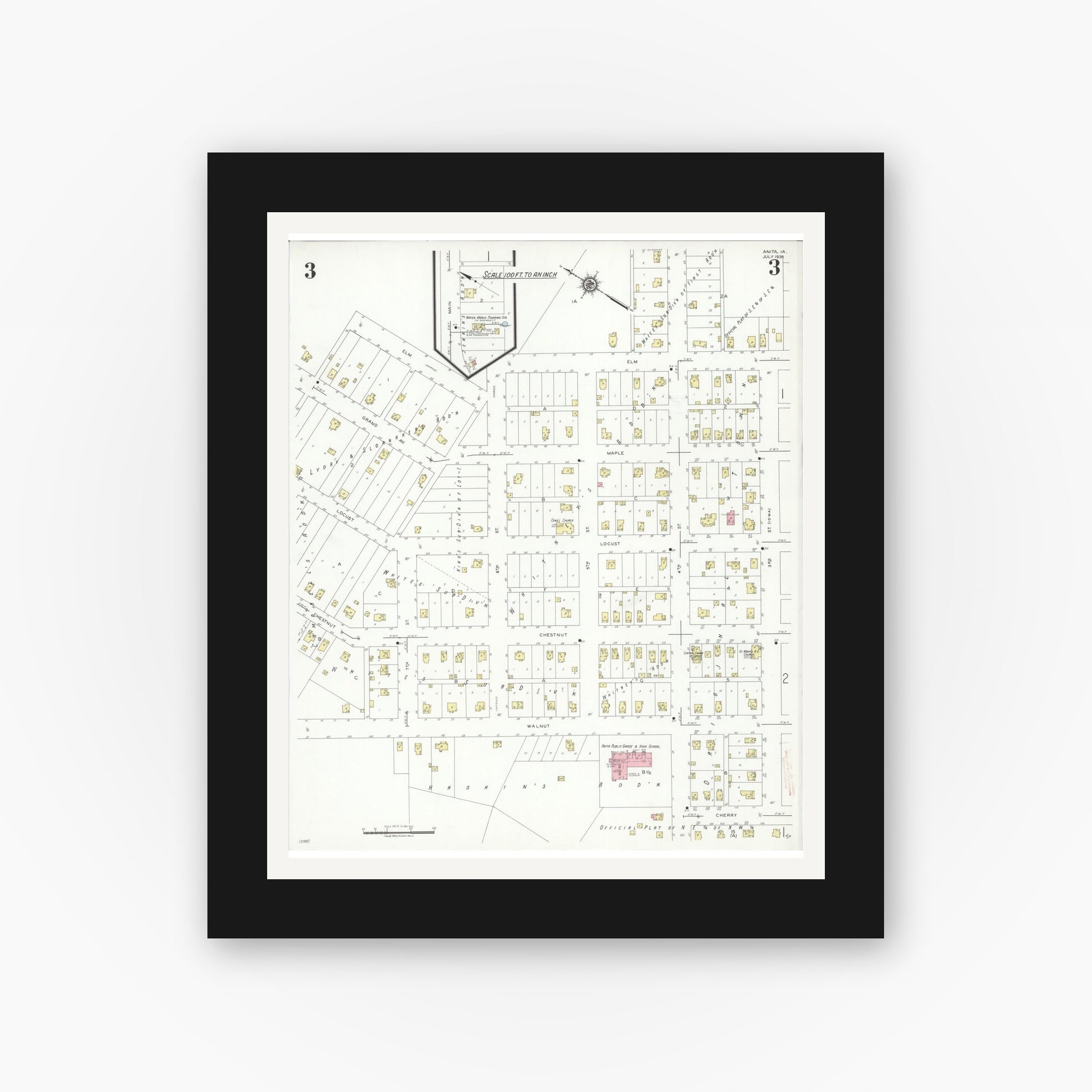 Old map wall art mockup — black gallery frame with white mat — Sanborn Fire Insurance Map from Anita, Cass County, Iowa (1938), Sheet #0003