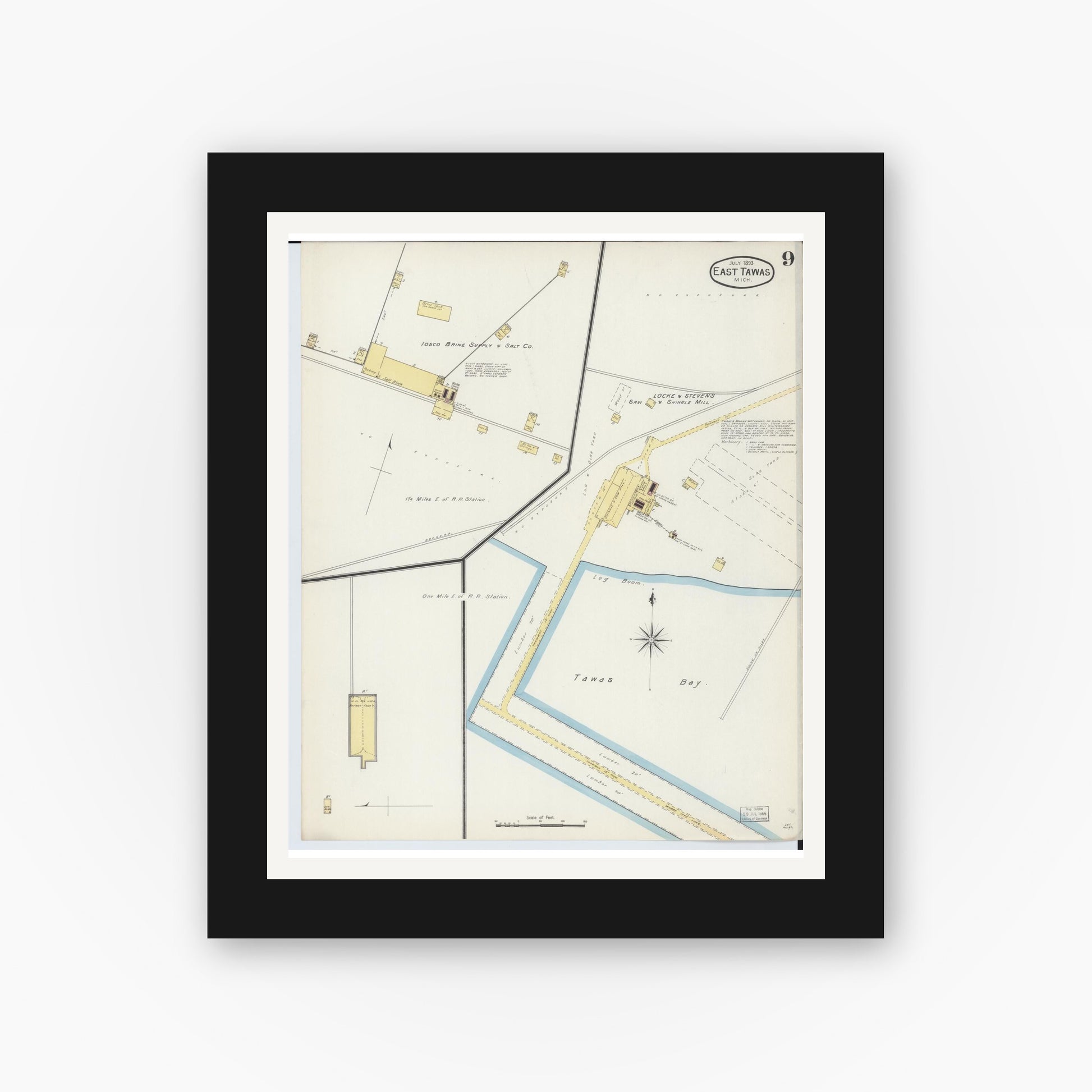 Old map wall art mockup — black gallery frame with white mat — Sanborn Fire Insurance Map from East Tawas, Iosco County, Michigan (1893), Sheet #0009