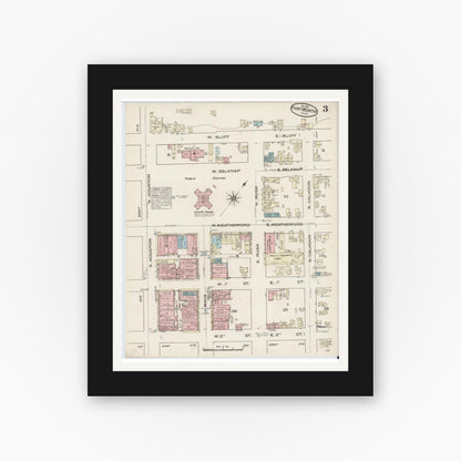 Old map wall art mockup — black gallery frame with white mat — Sanborn Fire Insurance Map from Fort Worth, Tarrant County, Texas (1885), Sheet #0003