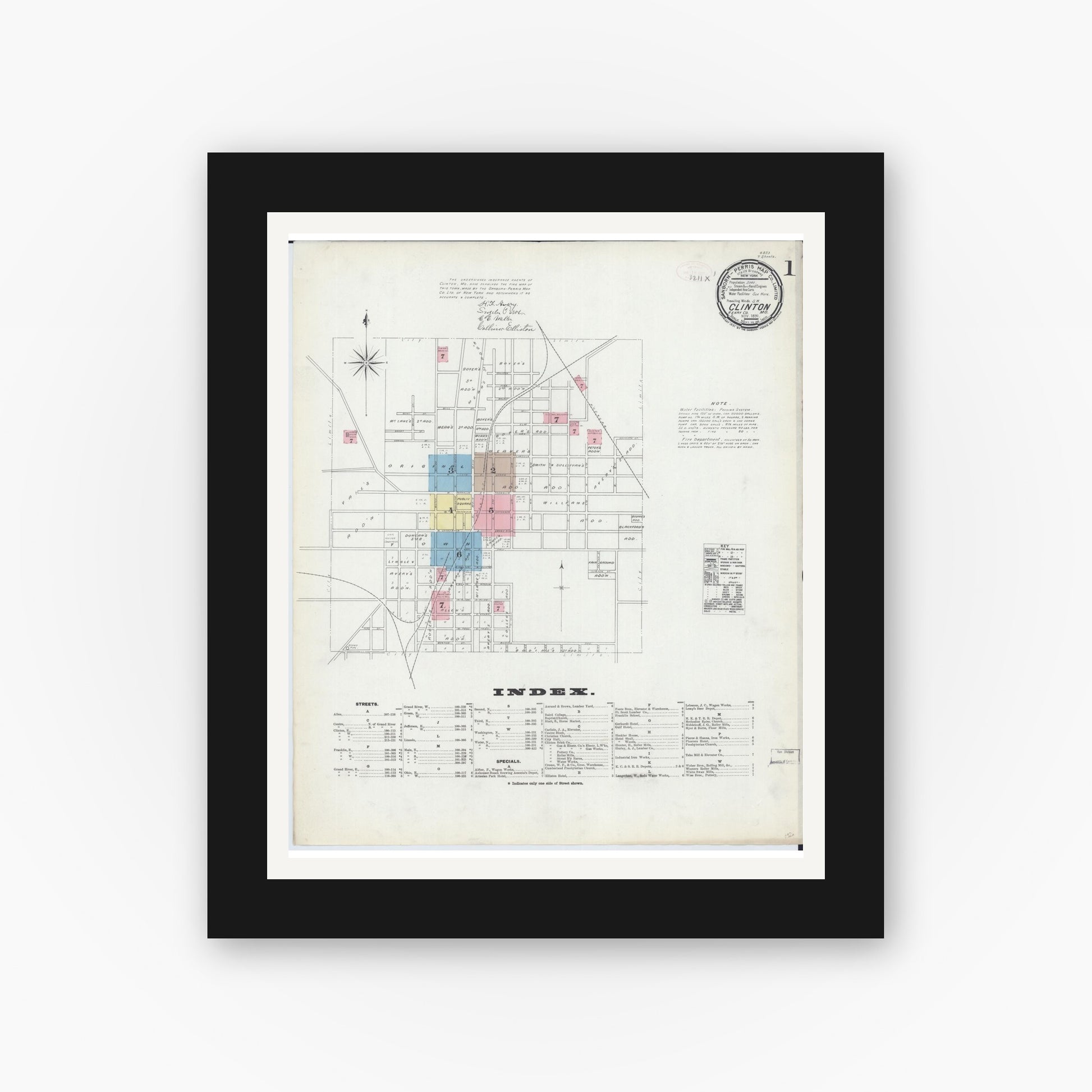 Old map wall art mockup — black gallery frame with white mat — Sanborn Fire Insurance Map from Clinton, Henry County, Missouri (1891) - Complete Map Set