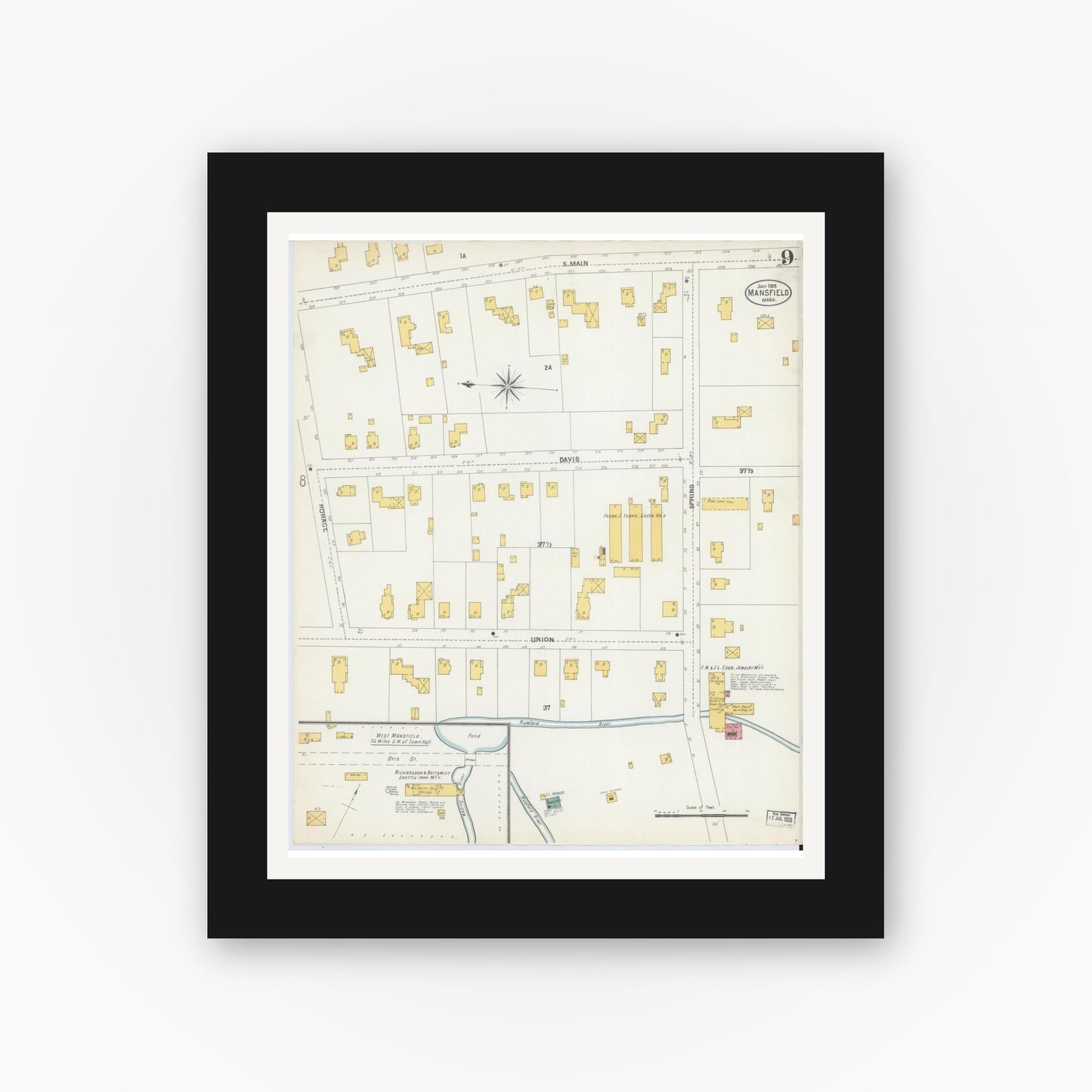 Old map wall art mockup — black gallery frame with white mat — Sanborn Fire Insurance Map from Mansfield, Bristol County, Massachusetts (1903), Sheet #0009