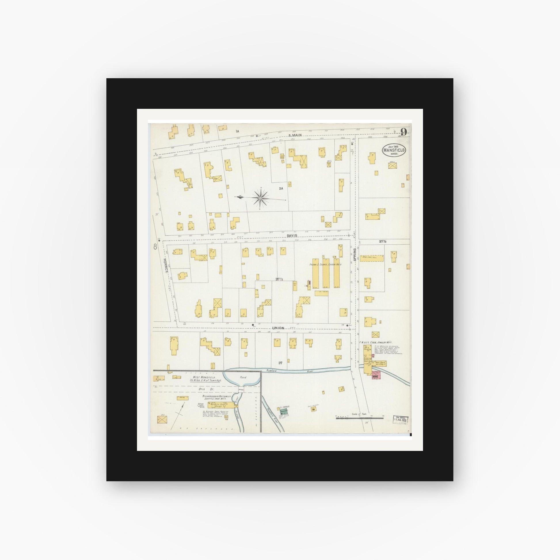 Old map wall art mockup — black gallery frame with white mat — Sanborn Fire Insurance Map from Mansfield, Bristol County, Massachusetts (1903), Sheet #0009
