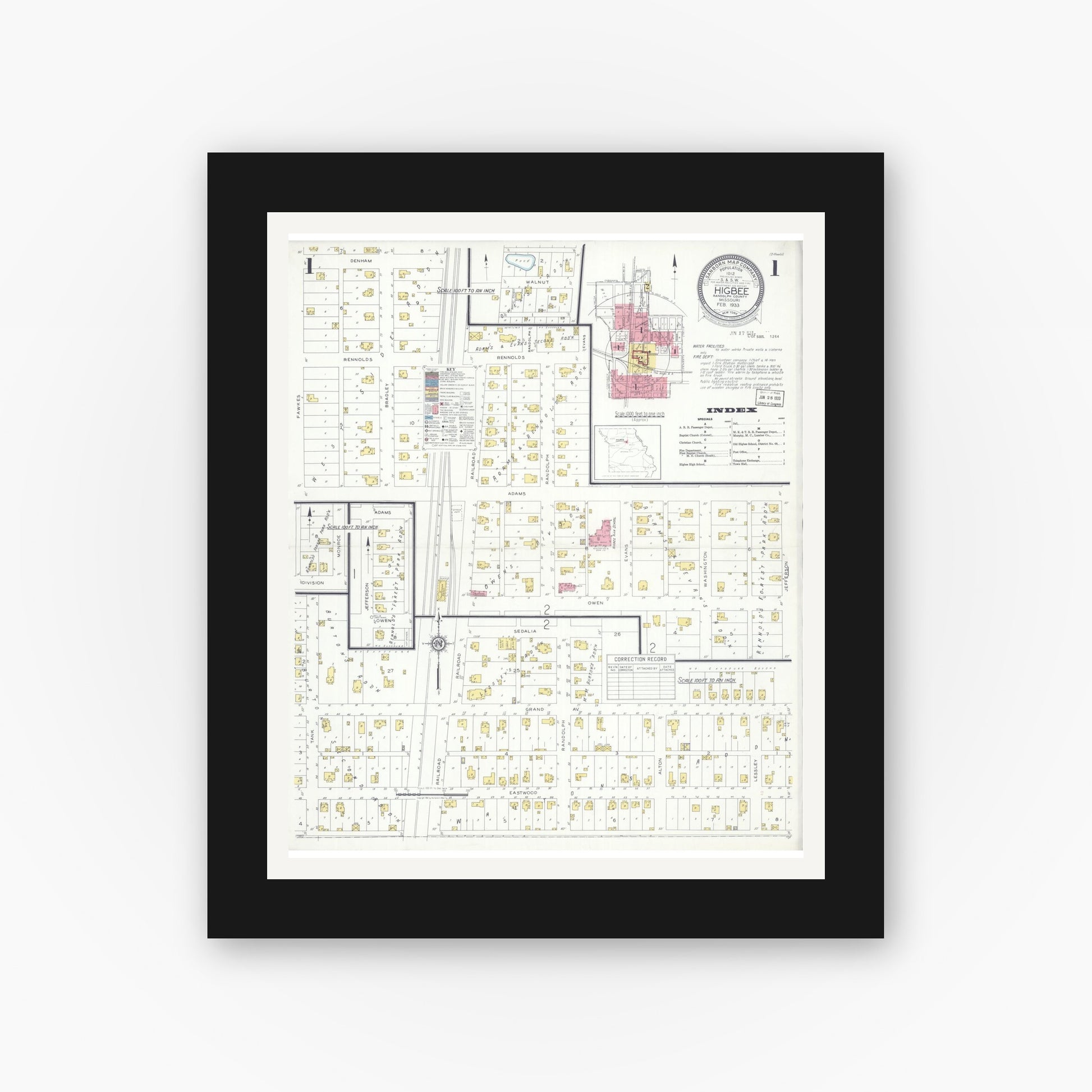 Old map wall art mockup — black gallery frame with white mat — Sanborn Fire Insurance Map from Higbee, Randolph County, Missouri (1933), Sheet #0001