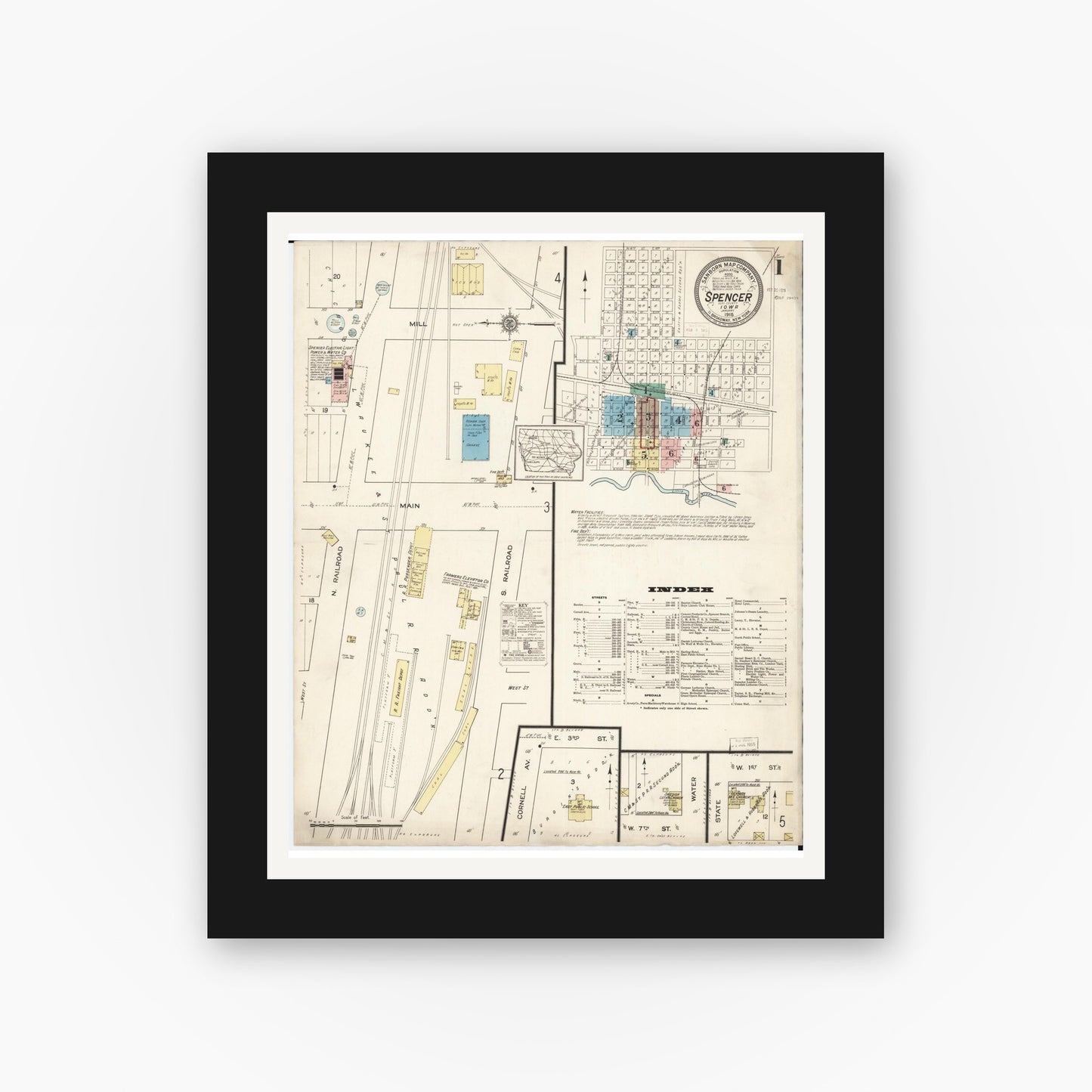 Old map wall art mockup — black gallery frame with white mat — Sanborn Fire Insurance Map from Spencer, Clay County, Iowa (1915), Sheet #0001