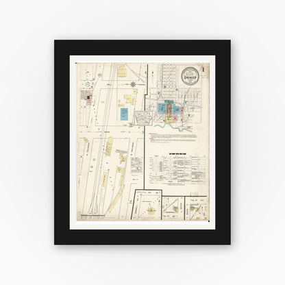Old map wall art mockup — black gallery frame with white mat — Sanborn Fire Insurance Map from Spencer, Clay County, Iowa (1915), Sheet #0001