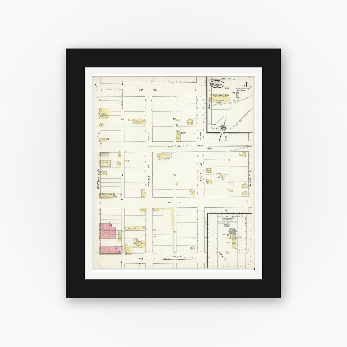 Old map wall art mockup — black gallery frame with white mat — Sanborn Fire Insurance Map from Hamlin, Jones County, Texas (1913), Sheet #0004