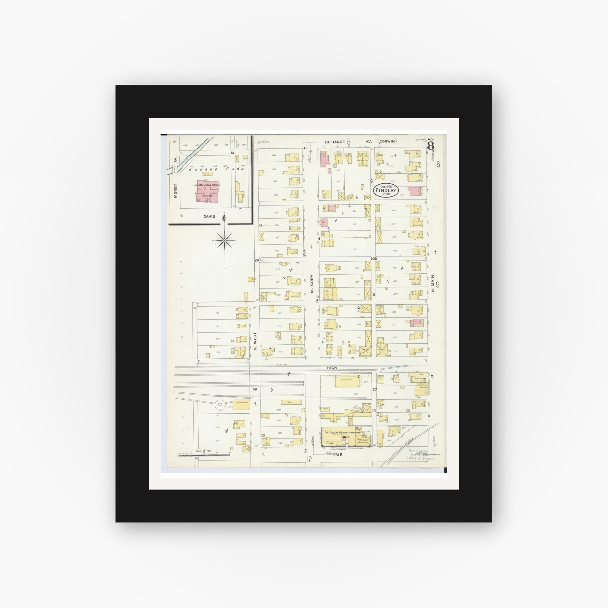 Old map wall art mockup — black gallery frame with white mat — Sanborn Fire Insurance Map from Findlay, Hancock County, Ohio (1908), Sheet #0008