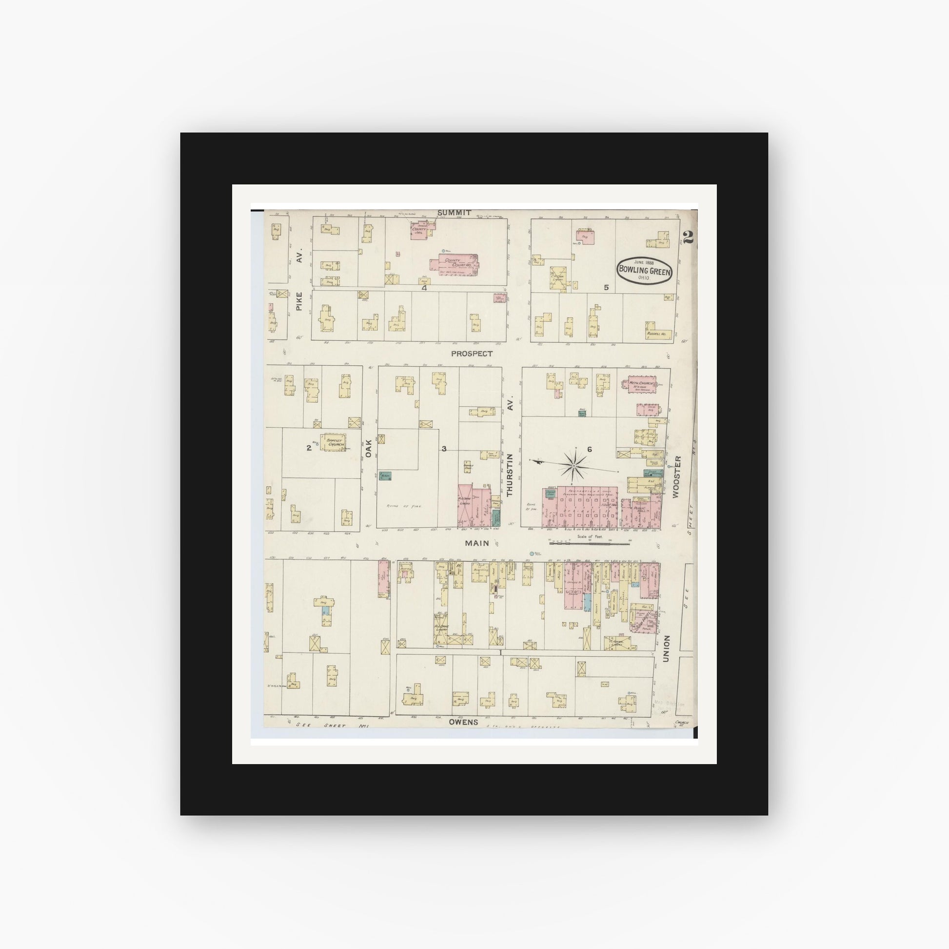 Old map wall art mockup — black gallery frame with white mat — Sanborn Fire Insurance Map from Bowling Green, Wood County, Ohio (1888), Sheet #0002