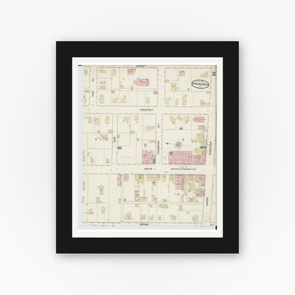 Old map wall art mockup — black gallery frame with white mat — Sanborn Fire Insurance Map from Bowling Green, Wood County, Ohio (1888), Sheet #0002