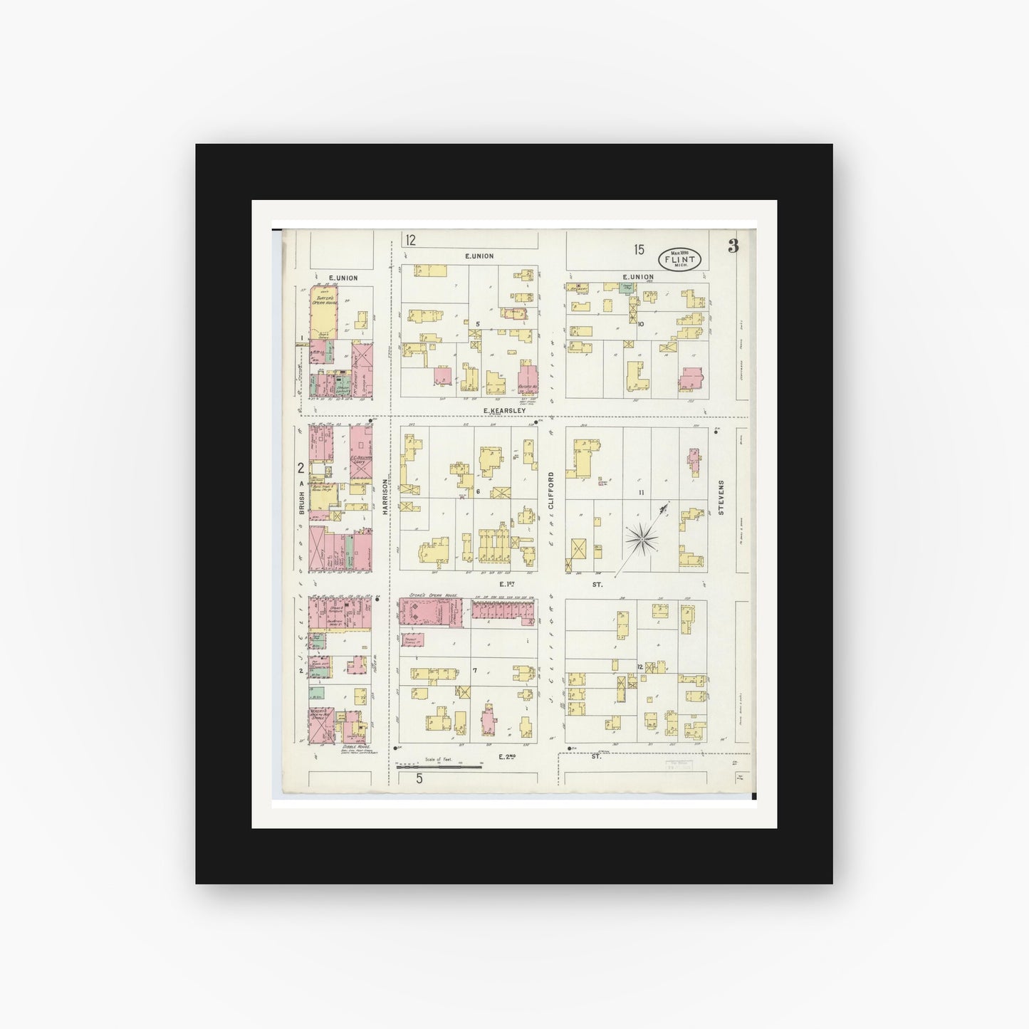Old map wall art mockup — black gallery frame with white mat — Sanborn Fire Insurance Map from Flint, Genesee County, Michigan (1898), Sheet #0003