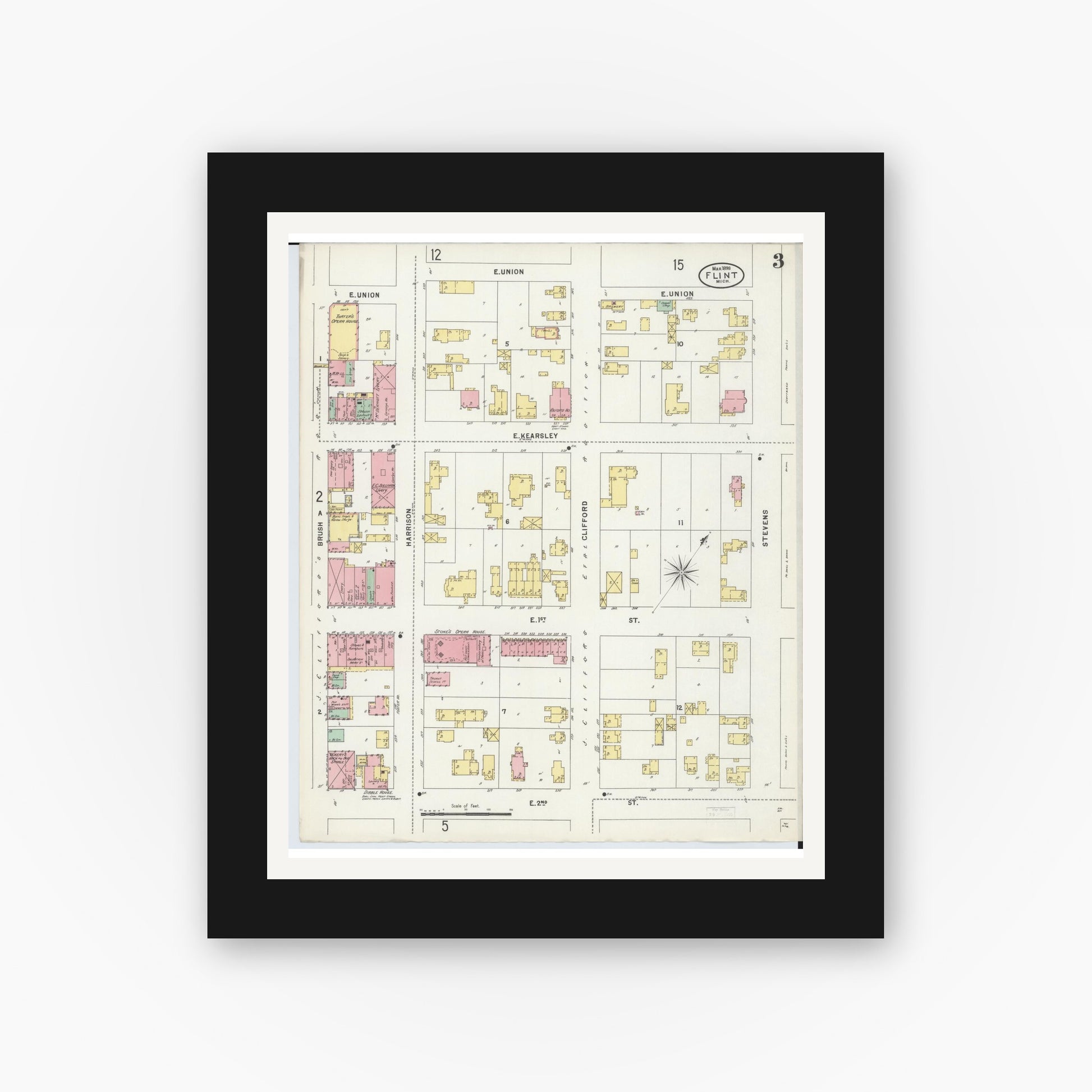 Old map wall art mockup — black gallery frame with white mat — Sanborn Fire Insurance Map from Flint, Genesee County, Michigan (1898), Sheet #0003