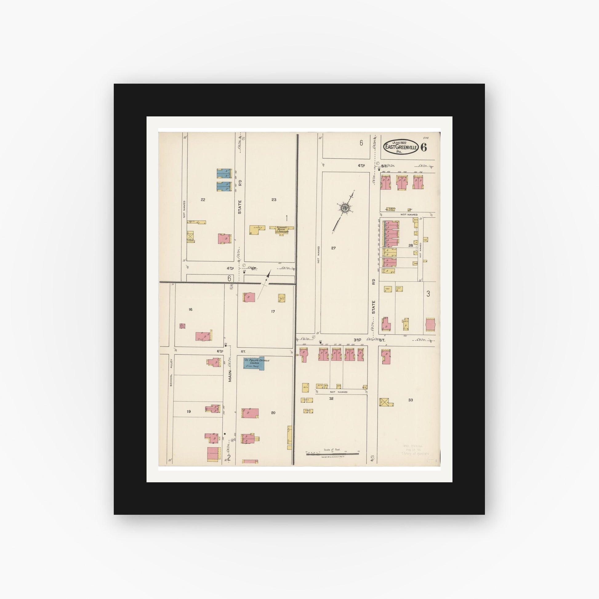 Old map wall art mockup — black gallery frame with white mat — Sanborn Fire Insurance Map from East Greenville, Montgomery County, Pennsylvania (1922), Sheet #0006