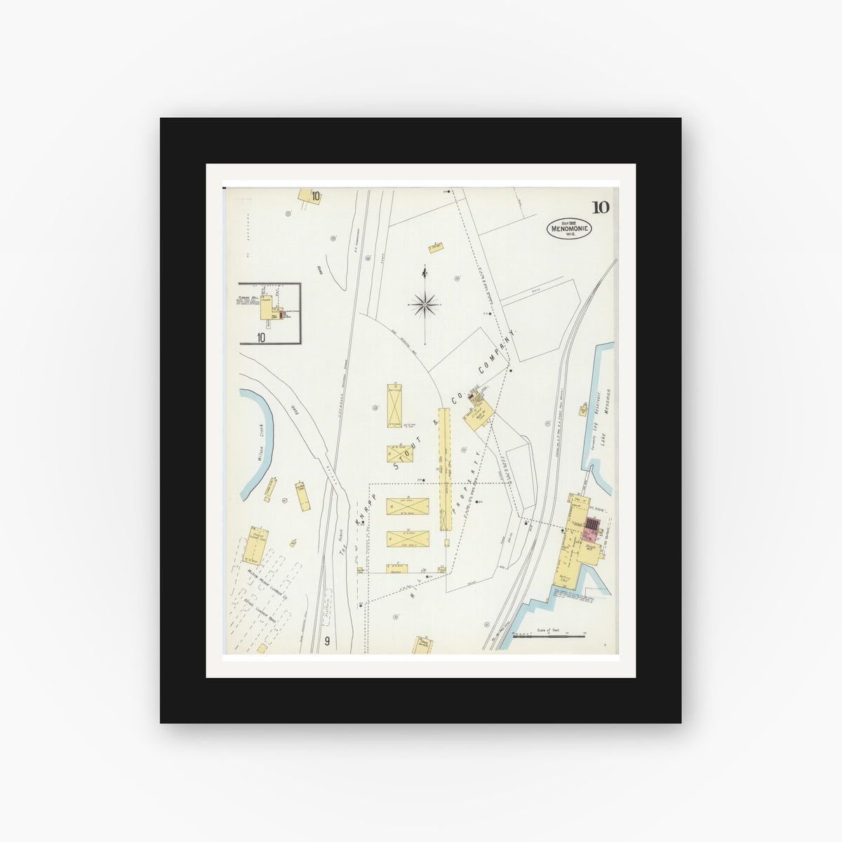 Old map wall art mockup — black gallery frame with white mat — Sanborn Fire Insurance Map from Menomonie, Dunn County, Wisconsin (1902), Sheet #0010