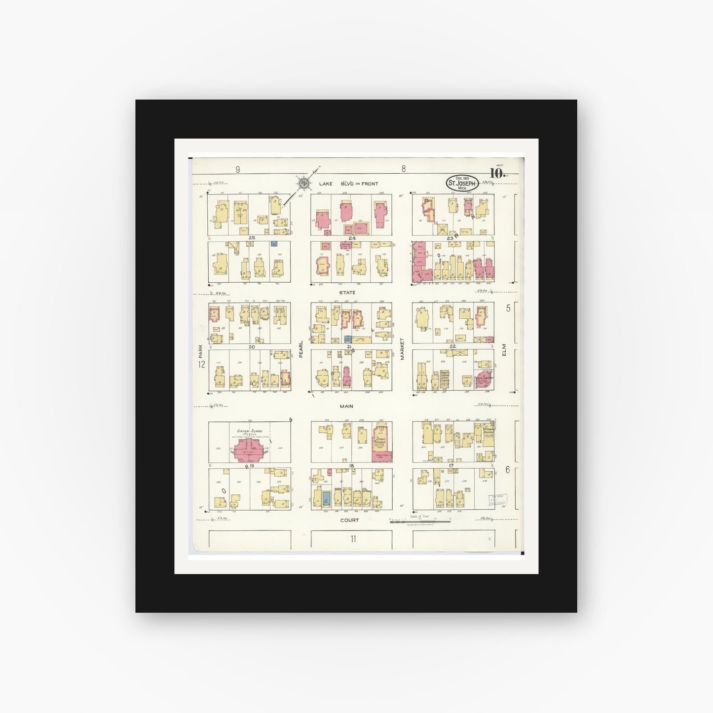 Old map wall art mockup — black gallery frame with white mat — Sanborn Fire Insurance Map from Saint Joseph, Berrien County, Michigan (1921), Sheet #0010