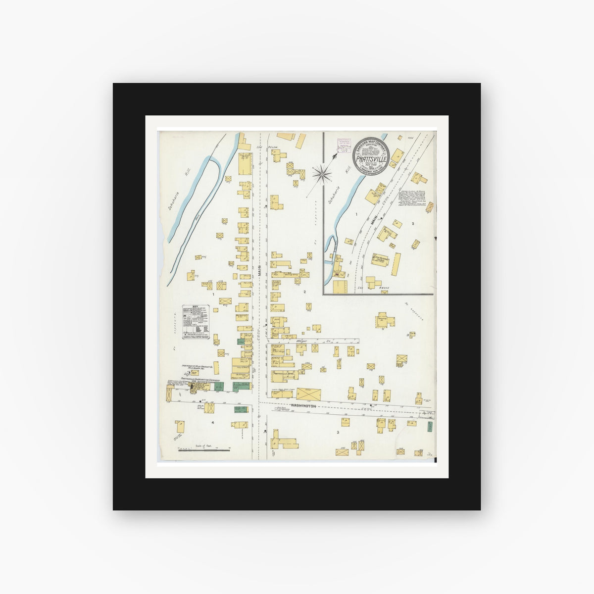 Old map wall art mockup — black gallery frame with white mat — Sanborn Fire Insurance Map from Prattsville, Greene County, New York (1904), Sheet #0001