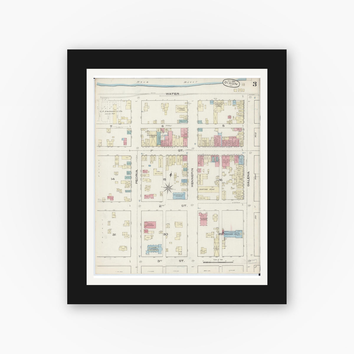 Old map wall art mockup — black gallery frame with white mat — Sanborn Fire Insurance Map from Dixon, Lee County, Illinois (1885), Sheet #0003