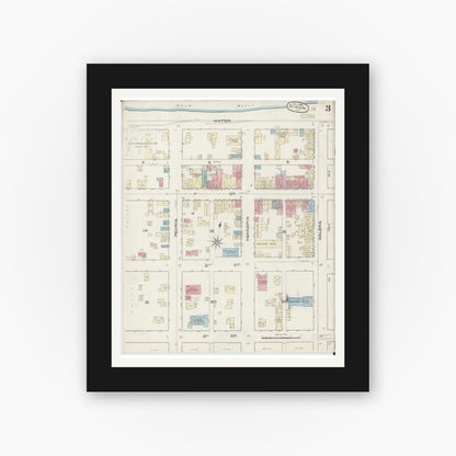 Old map wall art mockup — black gallery frame with white mat — Sanborn Fire Insurance Map from Dixon, Lee County, Illinois (1885), Sheet #0003