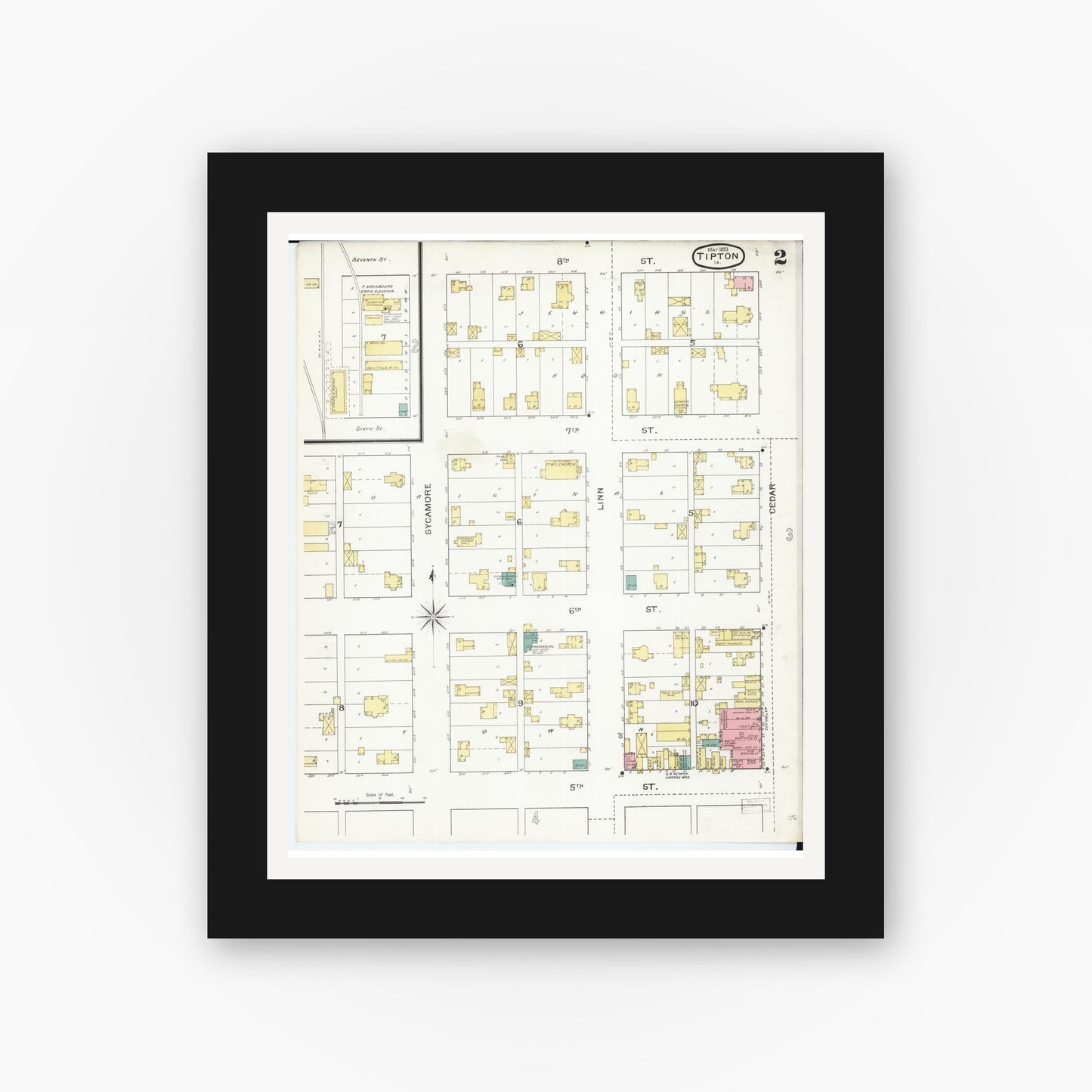 Old map wall art mockup — black gallery frame with white mat — Sanborn Fire Insurance Map from Tipton, Cedar County, Iowa (1893), Sheet #0002
