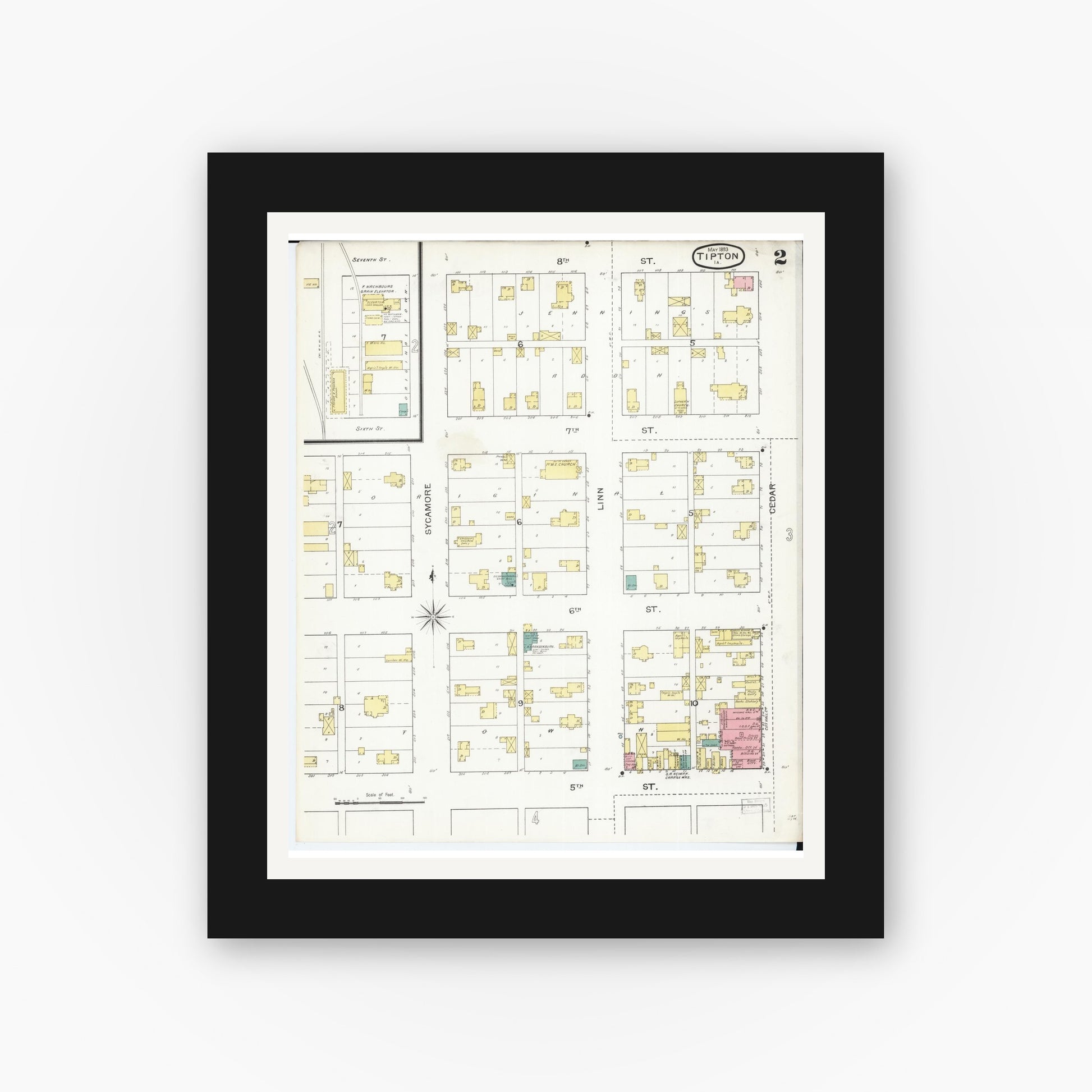 Old map wall art mockup — black gallery frame with white mat — Sanborn Fire Insurance Map from Tipton, Cedar County, Iowa (1893), Sheet #0002
