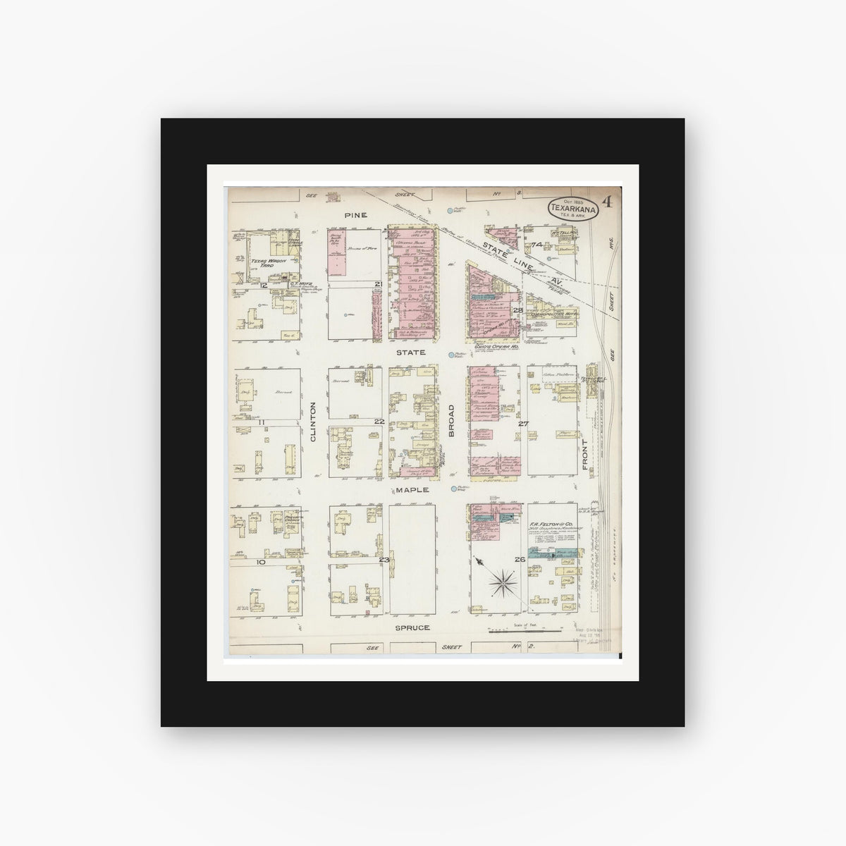 Old map wall art mockup — black gallery frame with white mat — Sanborn Fire Insurance Map from Texarkana, Bowie County, Texas (1885), Sheet #0004