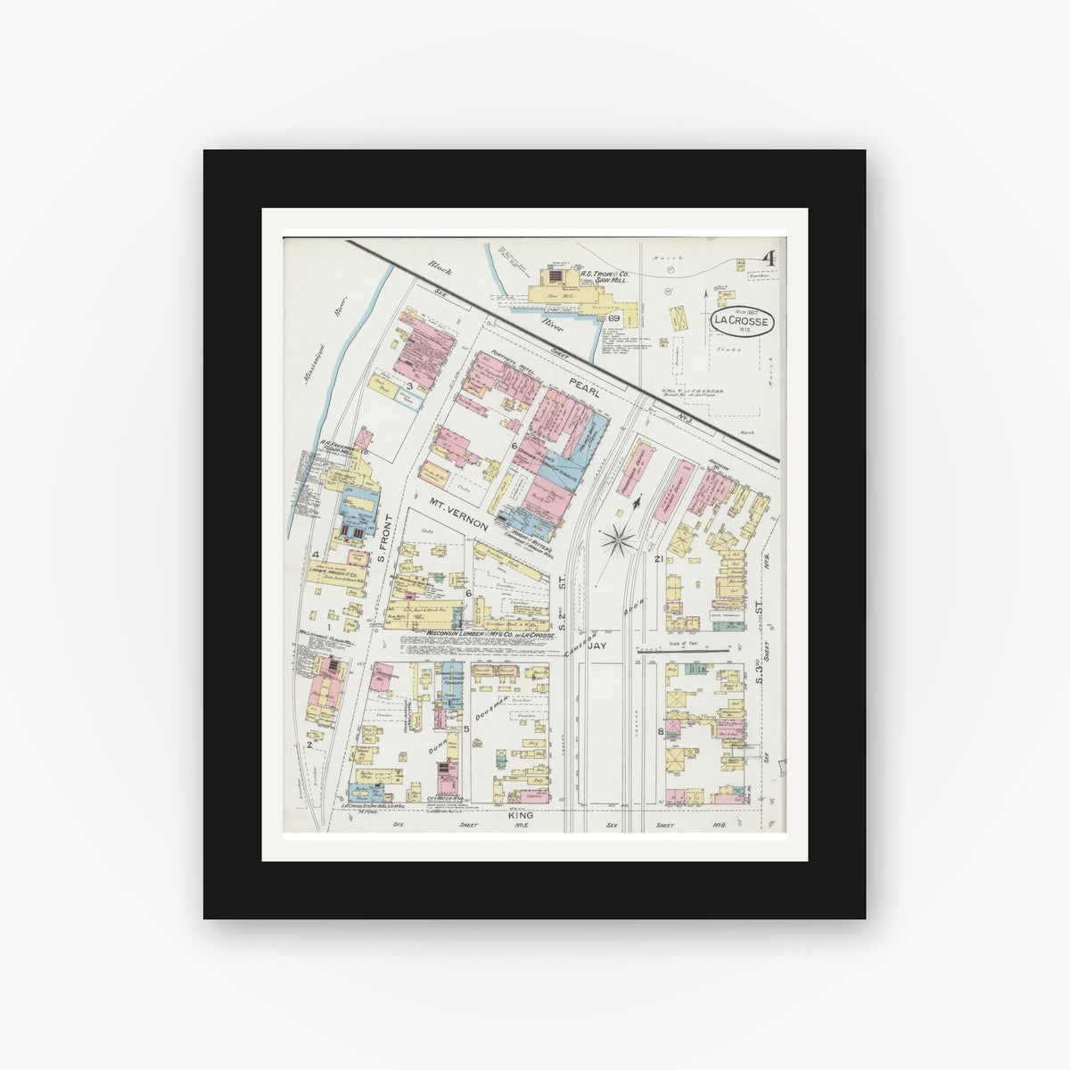 Old map wall art mockup — black gallery frame with white mat — Sanborn Fire Insurance Map from La Crosse, La Crosse County, Wisconsin (1887), Sheet #0004
