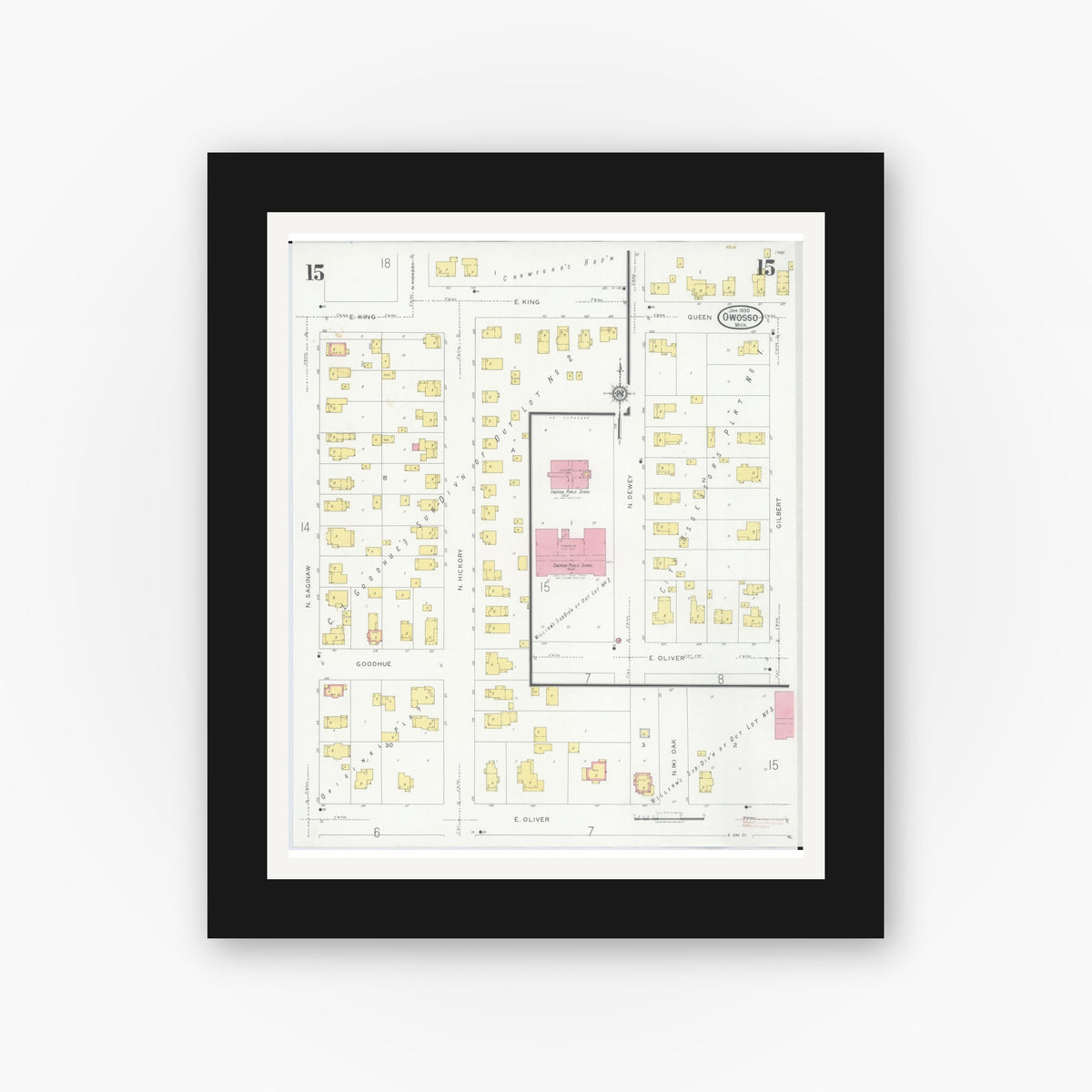 Old map wall art mockup — black gallery frame with white mat — Sanborn Fire Insurance Map from Owosso, Shiawassee County, Michigan (1930), Sheet #0015