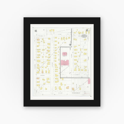 Old map wall art mockup — black gallery frame with white mat — Sanborn Fire Insurance Map from Owosso, Shiawassee County, Michigan (1930), Sheet #0015