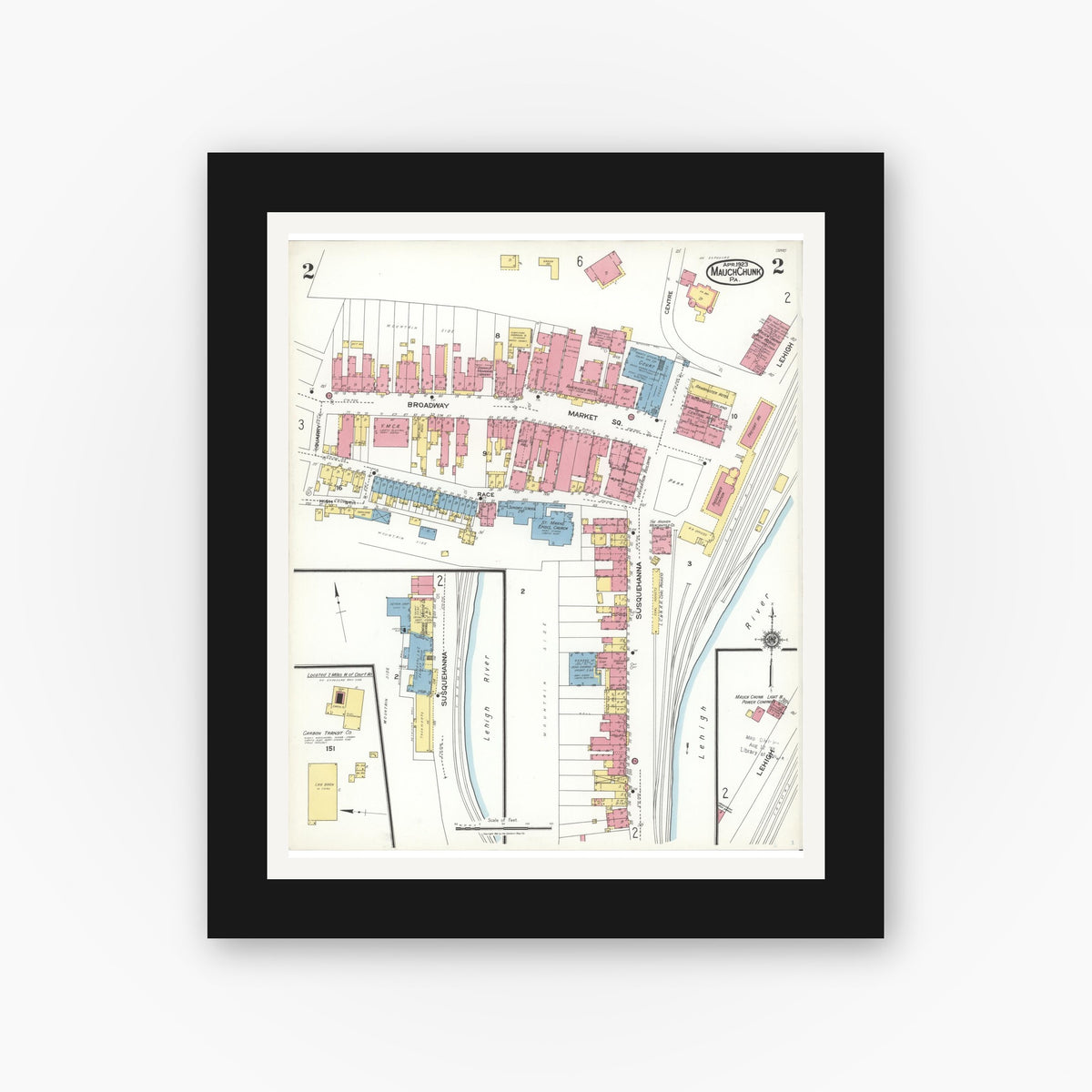 Old map wall art mockup — black gallery frame with white mat — Sanborn Fire Insurance Map from Mauch Chunk, Carbon County, Pennsylvania (1923), Sheet #0002
