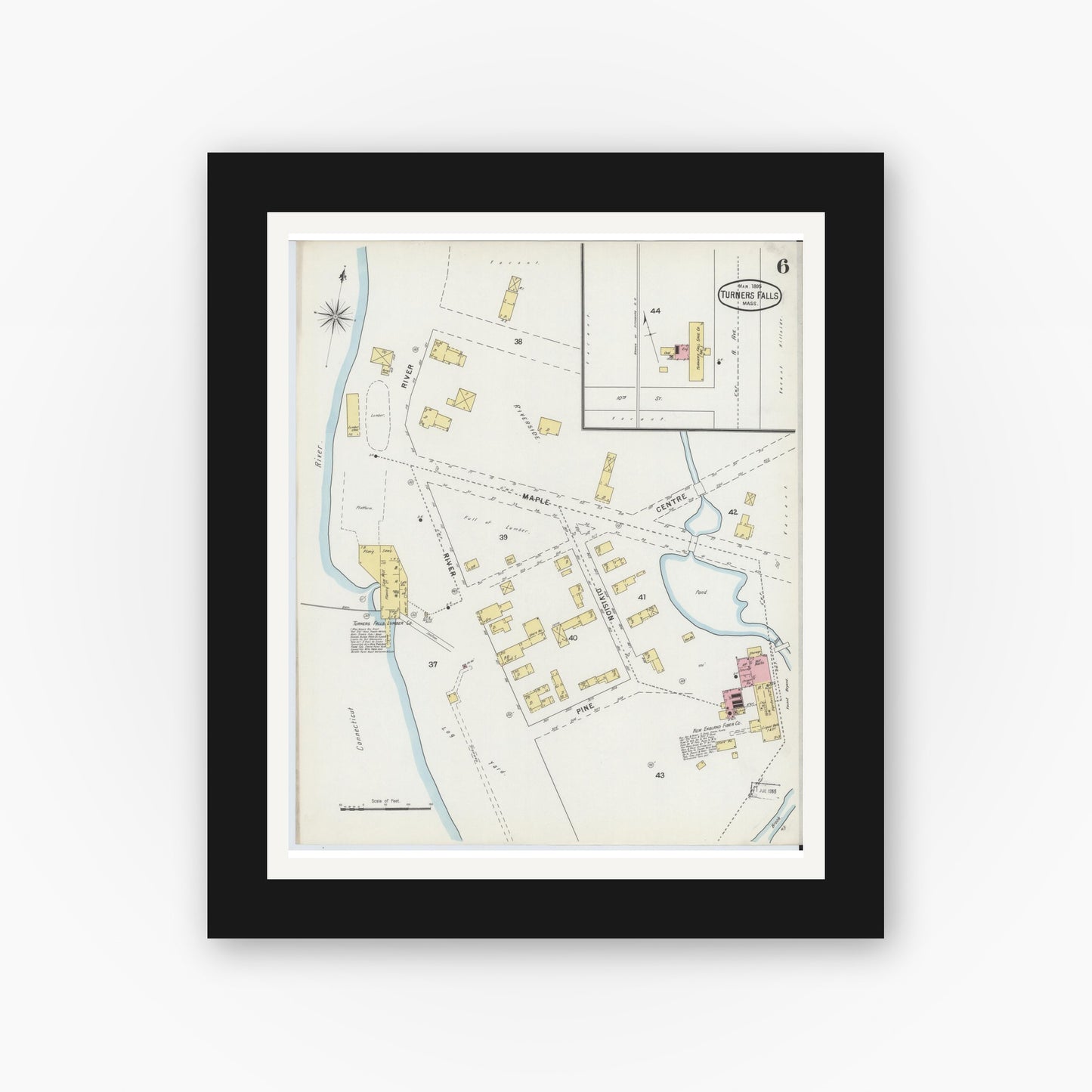 Old map wall art mockup — black gallery frame with white mat — Sanborn Fire Insurance Map from Turners Falls, Franklin County, Massachusetts (1895), Sheet #0006