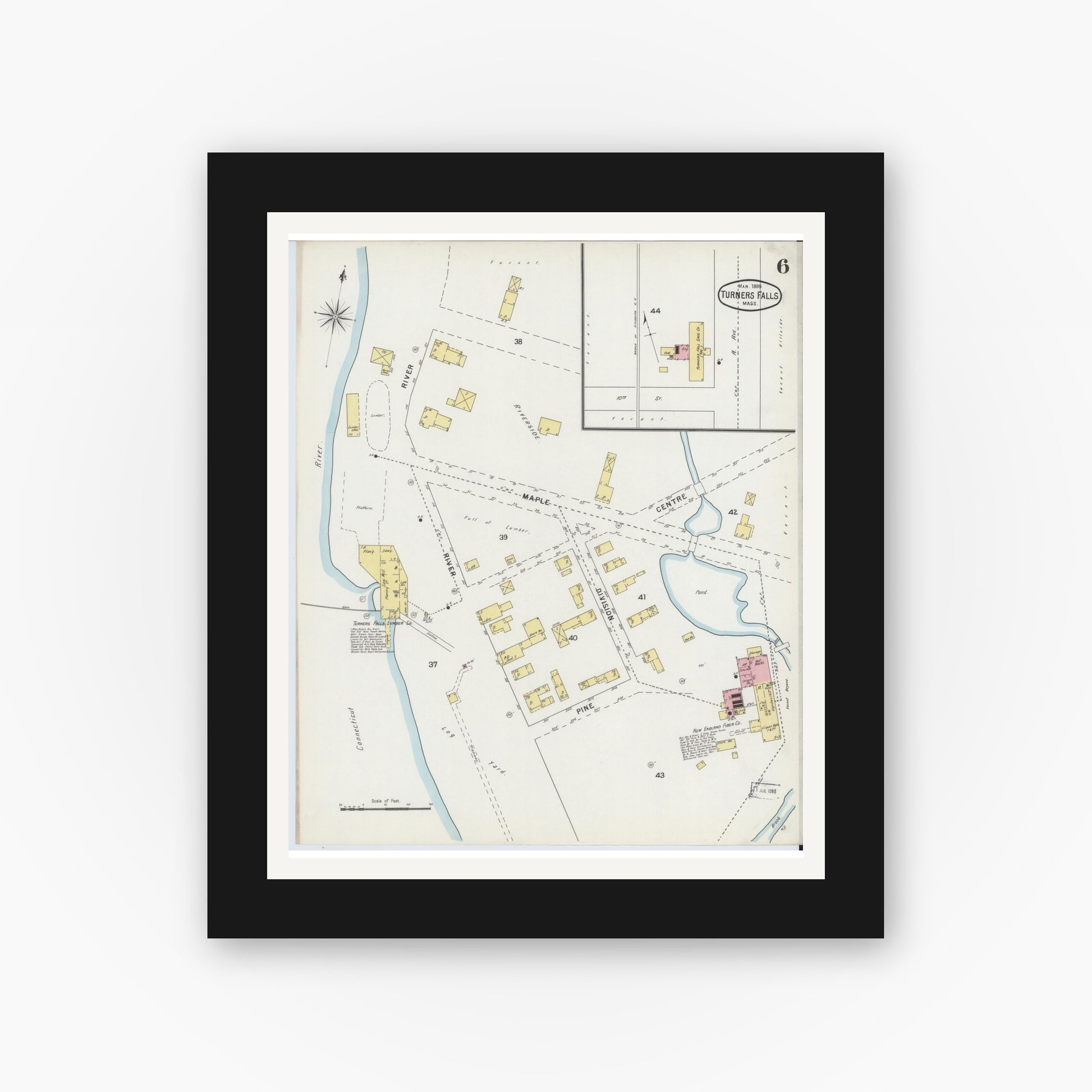 Old map wall art mockup — black gallery frame with white mat — Sanborn Fire Insurance Map from Turners Falls, Franklin County, Massachusetts (1895), Sheet #0006