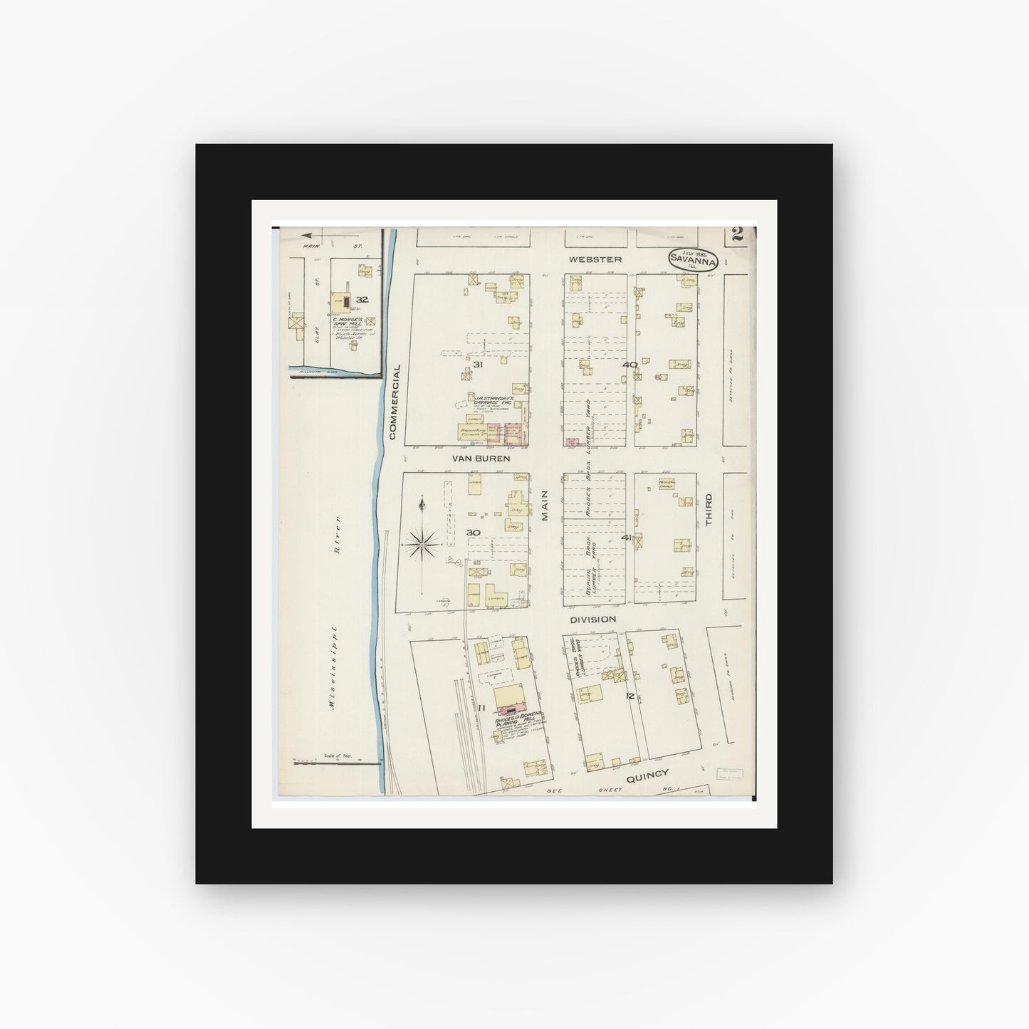 Old map wall art mockup — black gallery frame with white mat — Sanborn Fire Insurance Map from Savanna, Carroll County, Illinois (1885), Sheet #0002
