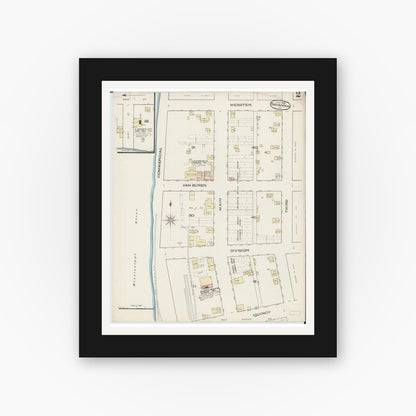 Old map wall art mockup — black gallery frame with white mat — Sanborn Fire Insurance Map from Savanna, Carroll County, Illinois (1885), Sheet #0002