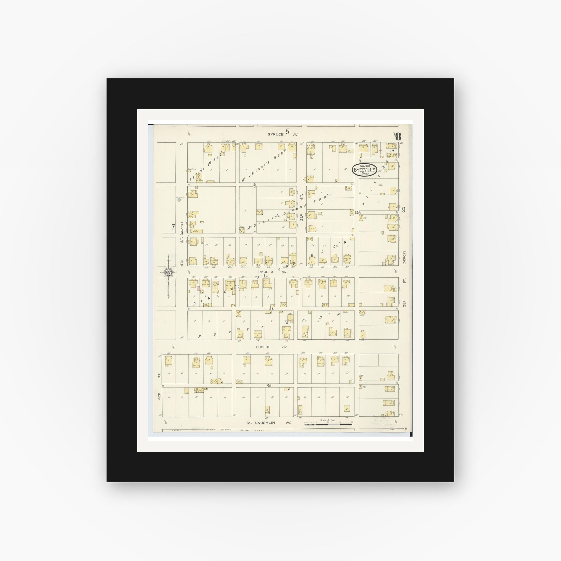 Old map wall art mockup — black gallery frame with white mat — Sanborn Fire Insurance Map from Byesville, Guernsey County, Ohio (1913), Sheet #0008