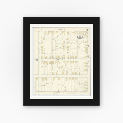 Old map wall art mockup — black gallery frame with white mat — Sanborn Fire Insurance Map from Byesville, Guernsey County, Ohio (1913), Sheet #0008