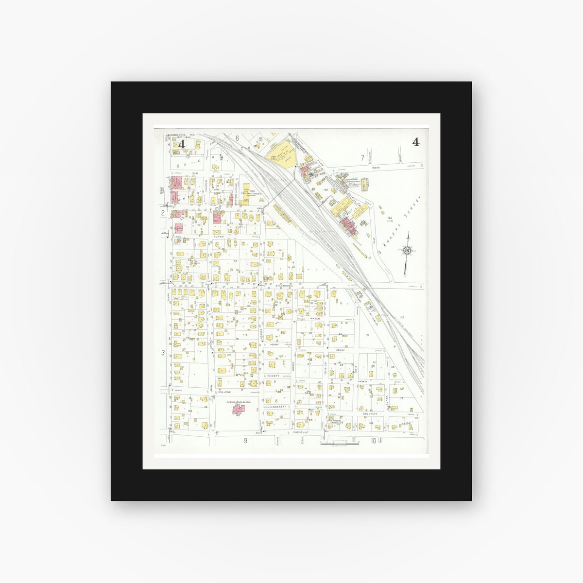 Old map wall art mockup — black gallery frame with white mat — Sanborn Fire Insurance Map from Commerce, Hunt County, Texas (1933), Sheet #0004