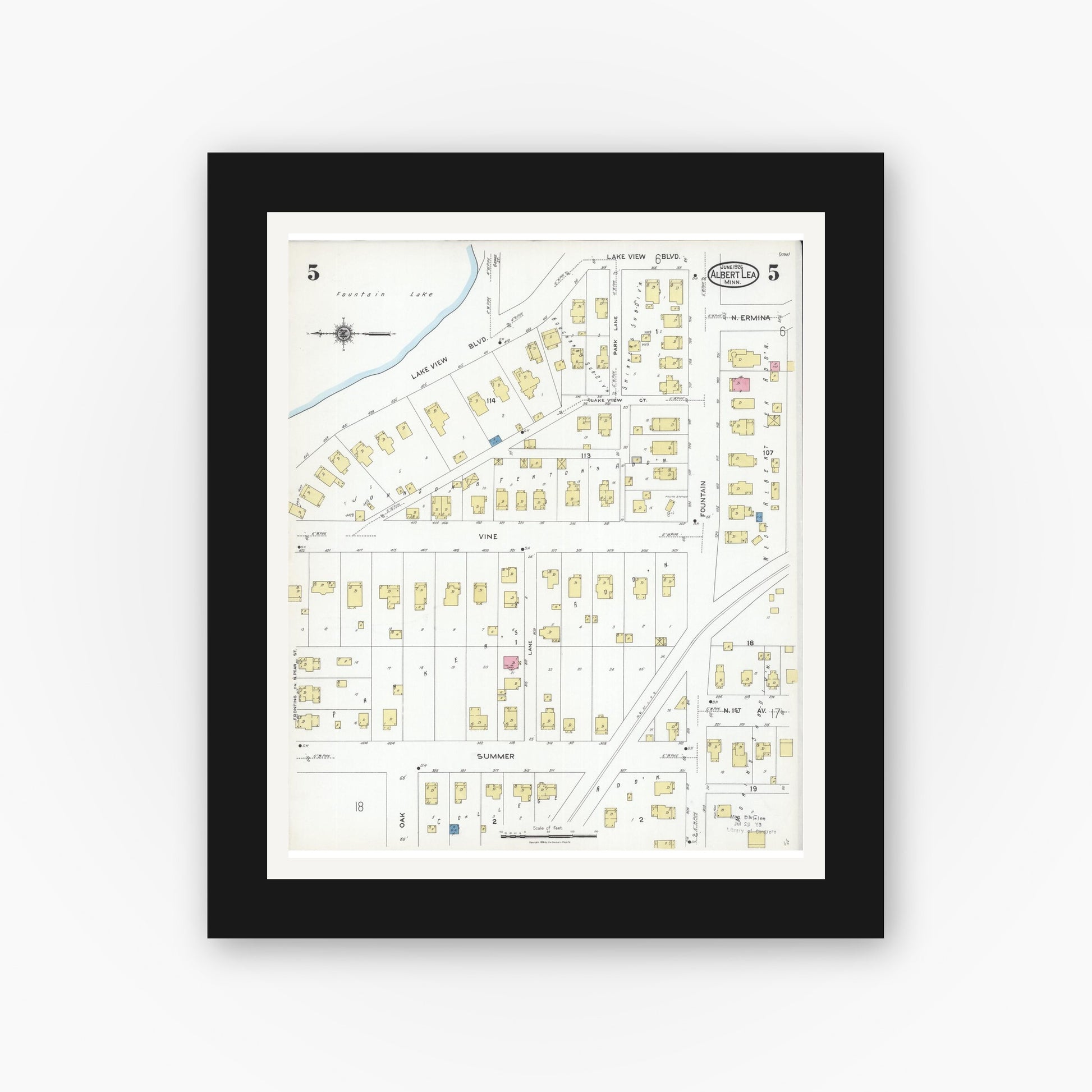 Old map wall art mockup — black gallery frame with white mat — Sanborn Fire Insurance Map from Albert Lea, Freeborn County, Minnesota (1926), Sheet #0005