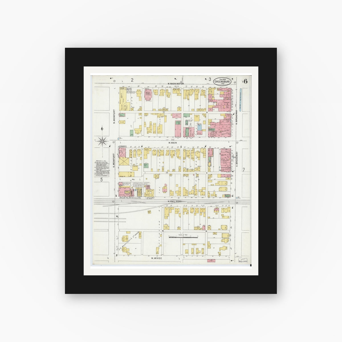 Old map wall art mockup — black gallery frame with white mat — Sanborn Fire Insurance Map from Greensburg, Decatur County, Indiana (1899), Sheet #0006