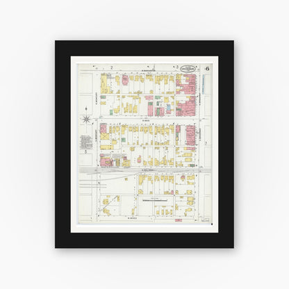 Old map wall art mockup — black gallery frame with white mat — Sanborn Fire Insurance Map from Greensburg, Decatur County, Indiana (1899), Sheet #0006