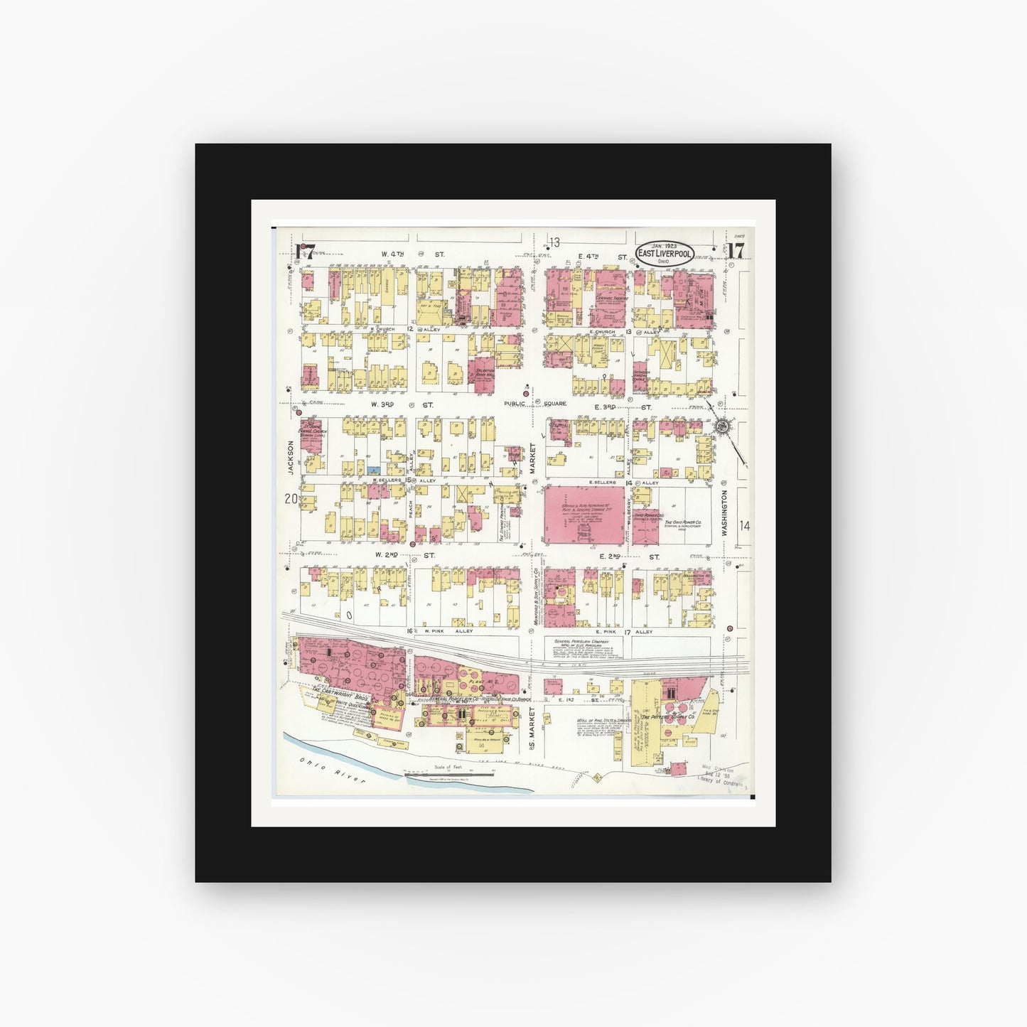 Old map wall art mockup — black gallery frame with white mat — Sanborn Fire Insurance Map from East Liverpool, Columbiana County, Ohio (1923), Sheet #0017