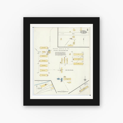 Old map wall art mockup — black gallery frame with white mat — Sanborn Fire Insurance Map from Rochester, Oakland County, Michigan (1919), Sheet #0005
