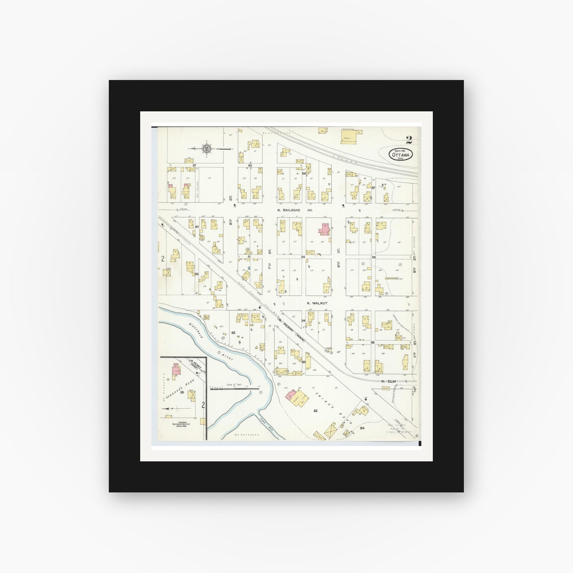 Old map wall art mockup — black gallery frame with white mat — Sanborn Fire Insurance Map from Ottawa, Putnam County, Ohio (1911), Sheet #0002